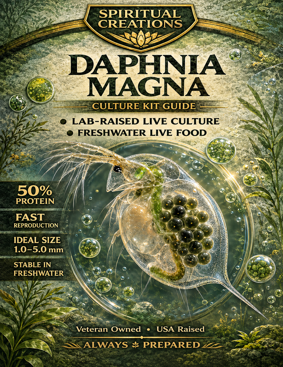 Live Daphnia Magna Starter Kit — 20-Page Guide, Food Mix, Pipette — USA Raised